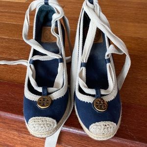 Tory Burch Navy/Cream Espadrille Wedges